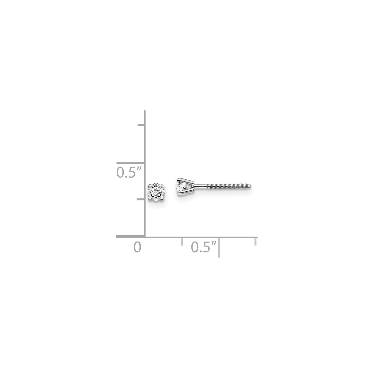 14k White Gold Diamond Stud Earrings, Round Cut Solitaire, Four-Prong Setting, Screw Back