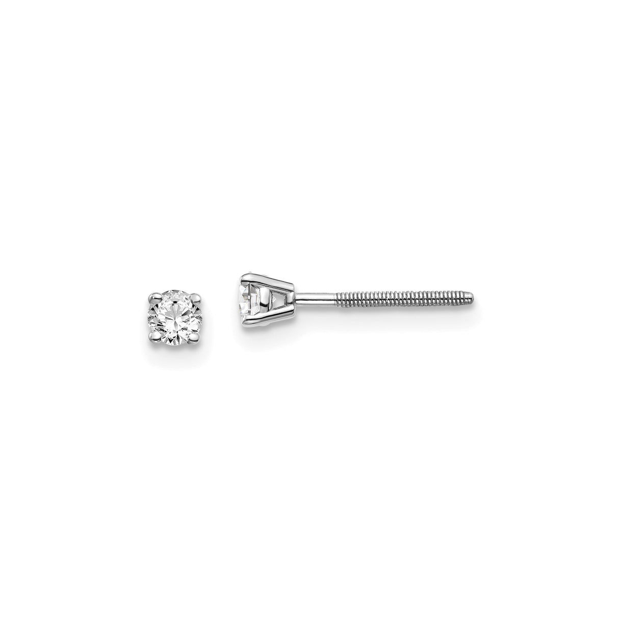 14k White Gold Diamond Stud Earrings, Round Cut Solitaire, Four-Prong Setting, Screw Back