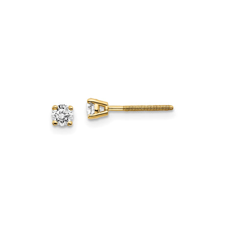 14k Yellow Gold Solitaire Stud Earrings with Round Diamond, Four Prong Setting, Screw Back