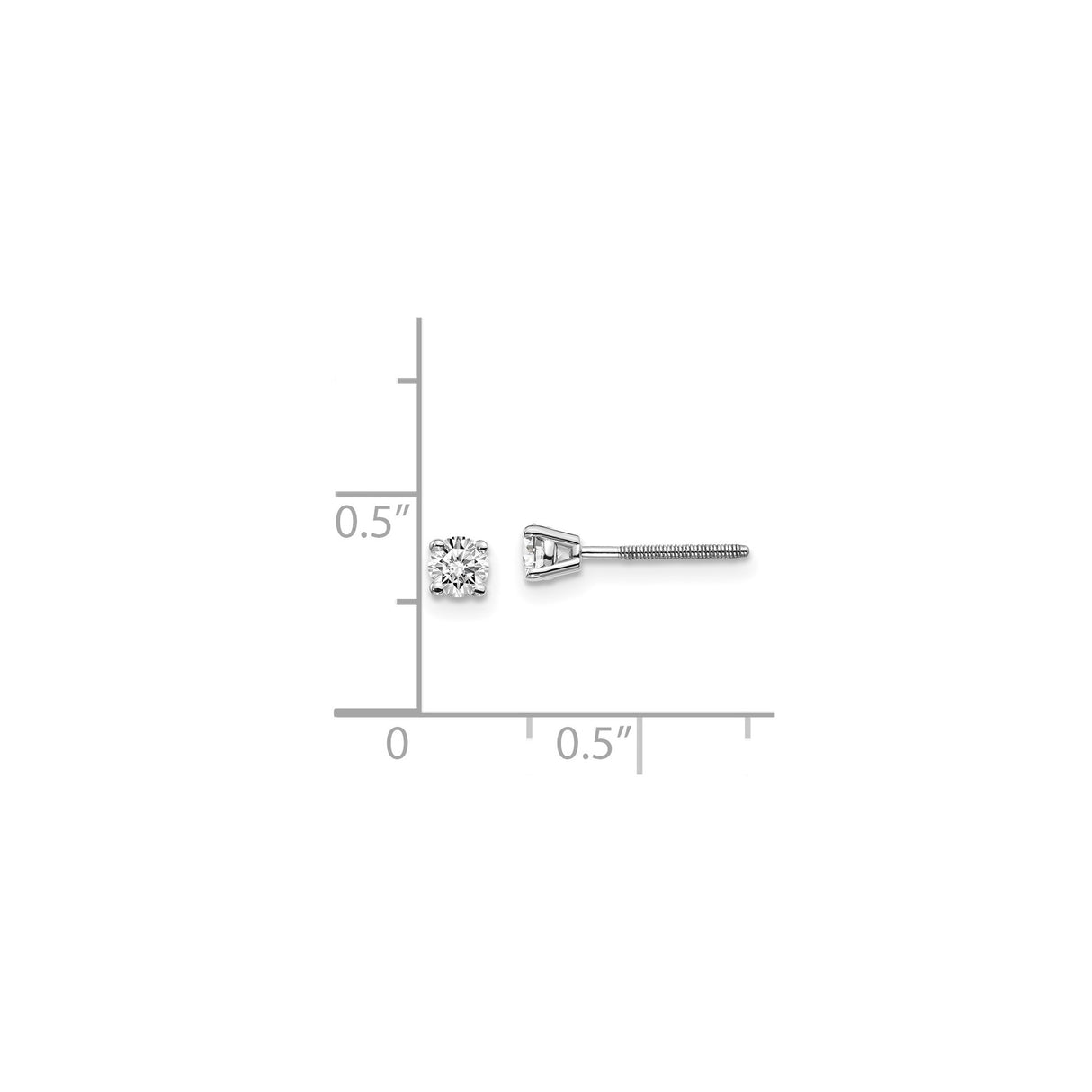 14k White Gold Solitaire Stud Earrings with Round Diamond, Screw Backs, Polished Finish