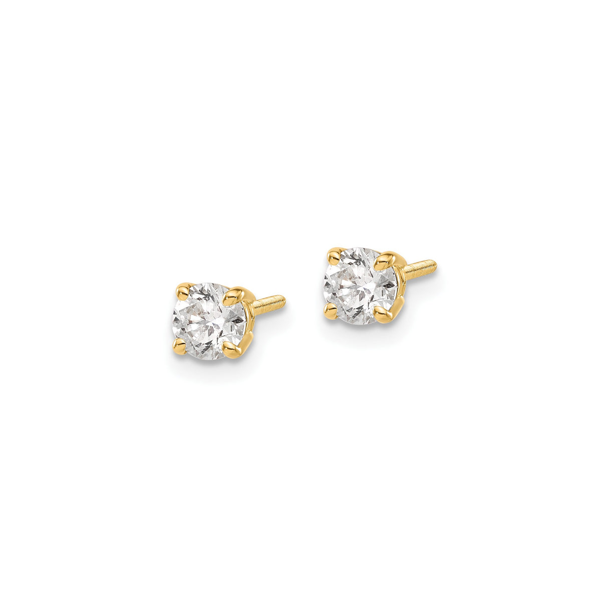 14k Yellow Gold Stud Earrings with Round Diamond in Four Prong Solitaire Setting, Screw-Back Style