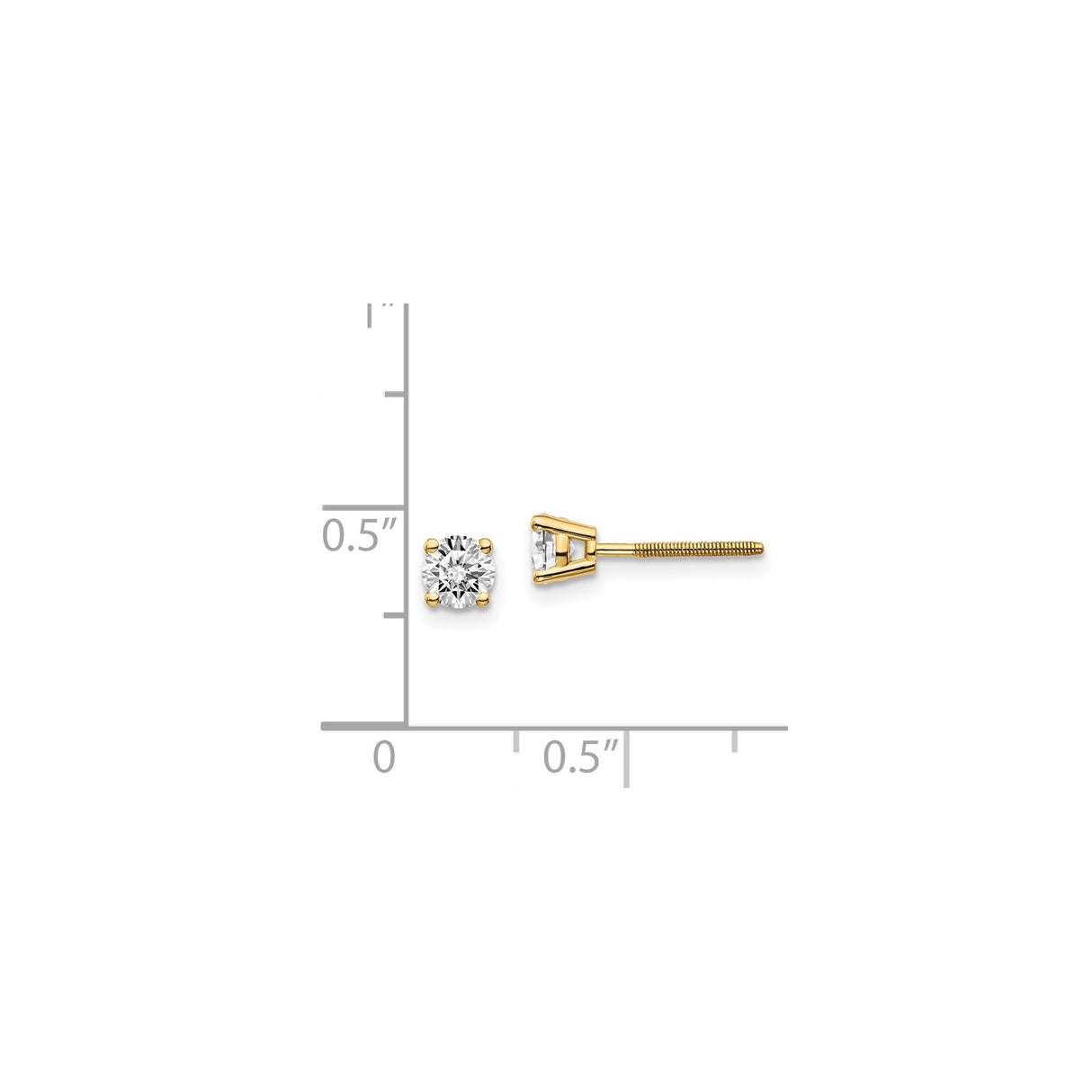 14k Yellow Gold Stud Earrings with Round Diamond in Four Prong Solitaire Setting, Screw-Back Style