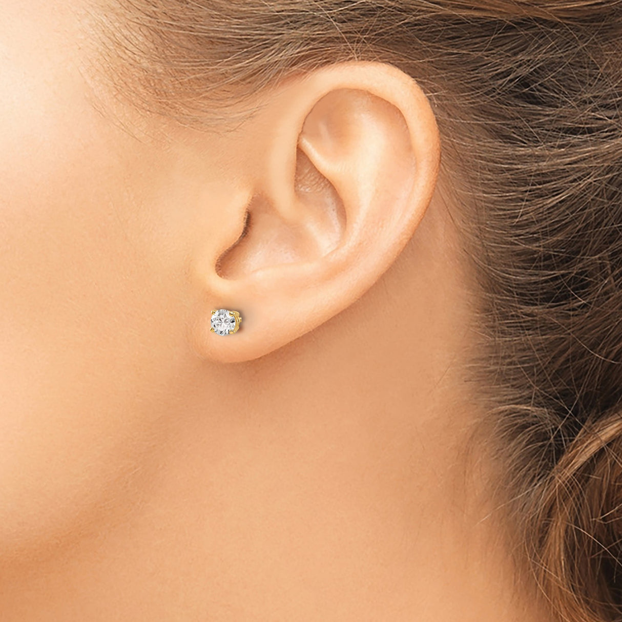 14k Yellow Gold Solitaire Stud Earrings with Round Cut Diamond, Polished Finish