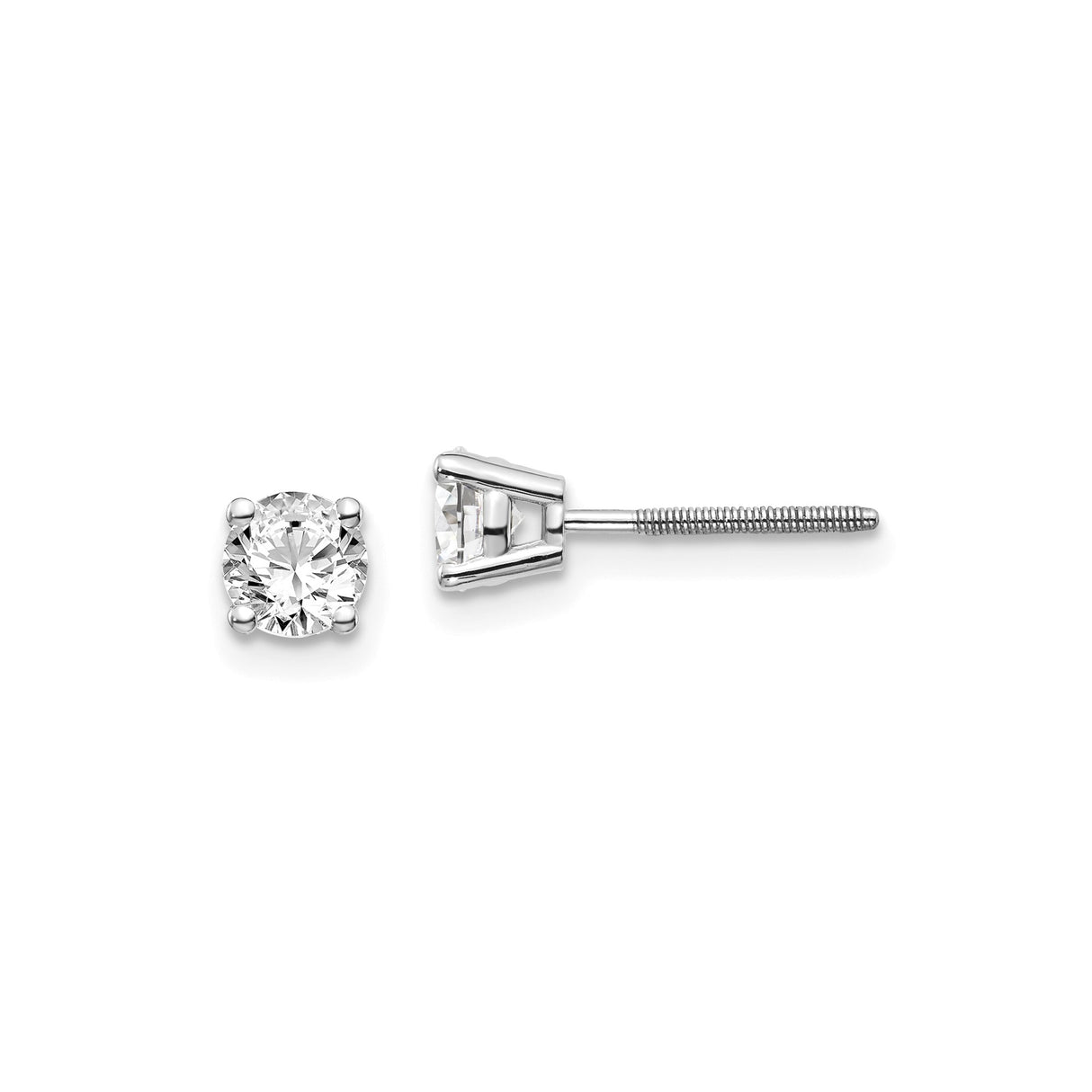 14k White Gold Stud Earrings with Round Cut Diamond in Four-Prong Solitaire Setting