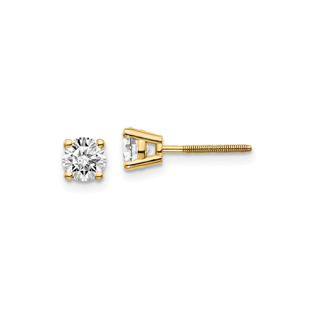 14k Yellow Gold Stud Earrings with Screw Back, Round Cubic Zirconia Solitaire