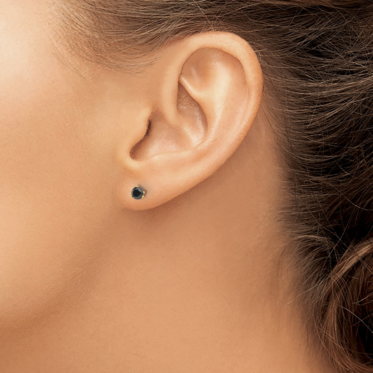 14k Yellow Gold Stud Earrings with Black Diamond, Round Cut Minimalist Design for Women