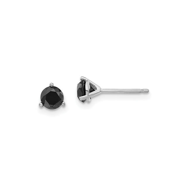 14k White Gold Stud Earrings with Black Diamond, Round Cut, Minimalist Three Prong Design