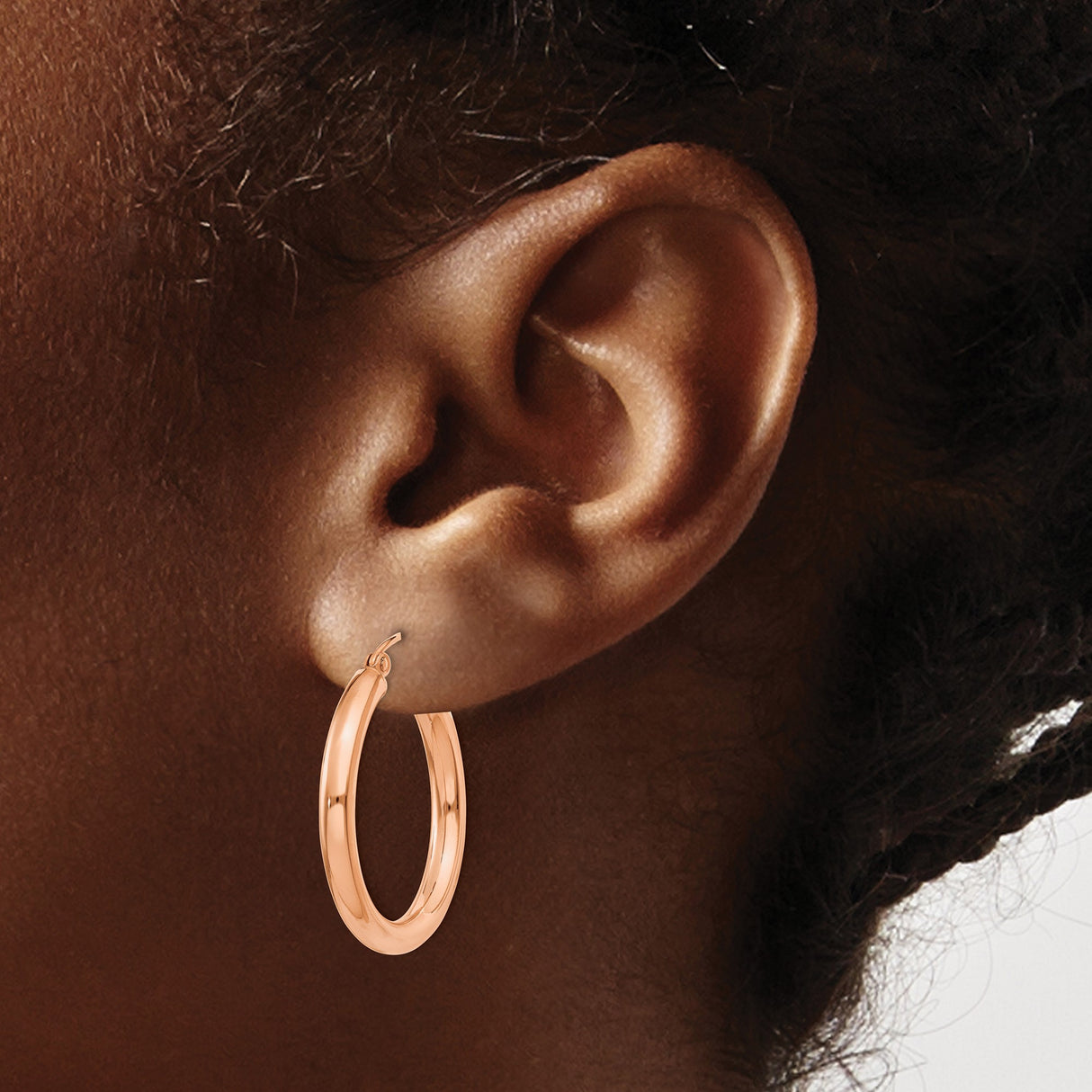 14k Rose Gold Hoop Earrings, Classic Round Polished Hoops with Hinged Snap Closure