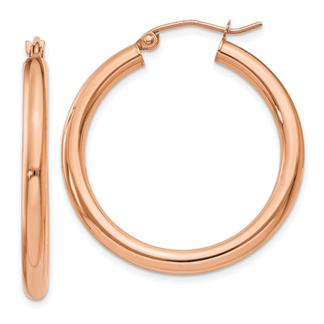 14k Rose Gold Hoop Earrings, Classic Smooth Round Lightweight Design for Women