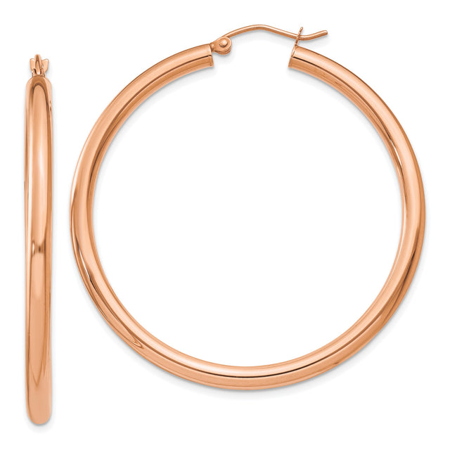 14k Rose Gold Hoop Earrings, Classic Round Polished Lightweight Medium-Size Design for Women