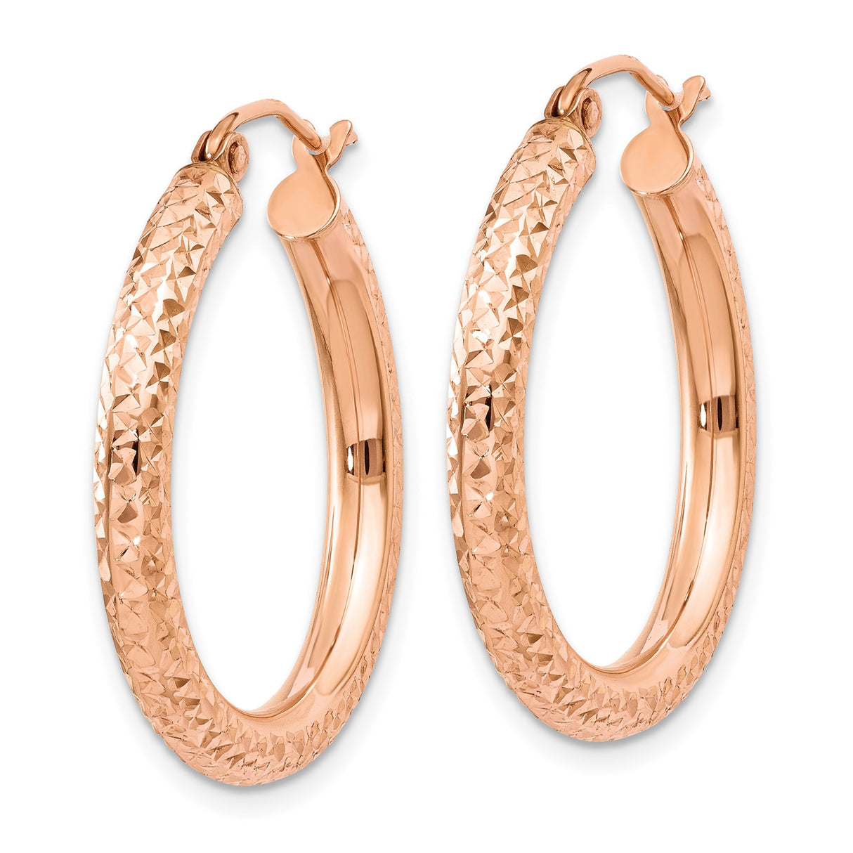 14k Rose Gold Hoop Earrings, Textured Diamond Cut Sparkly Hoops with Polished Finish