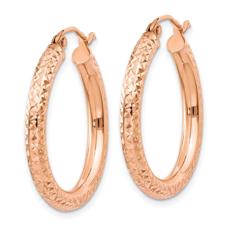 14k Rose Gold Hoop Earrings, Textured Diamond Cut Sparkly Hoops with Polished Finish