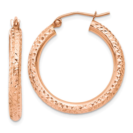 14k Rose Gold Hoop Earrings, Textured Diamond Cut Sparkly Hoops with Polished Finish