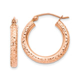 14k Rose Gold Hoop Earrings, Diamond Cut Textured Finish, Lightweight Polished Style
