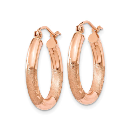 14k Rose Gold Hoop Earrings with Textured Satin Finish and Leaf Accents