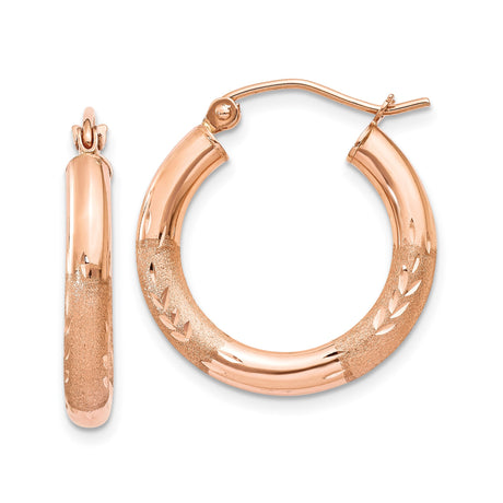 14k Rose Gold Hoop Earrings with Textured Satin Finish and Leaf Accents