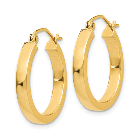 14k Yellow Gold Hoop Earrings with Flat Edge Design, Medium Size, Hinged Clasp, Polished Finish