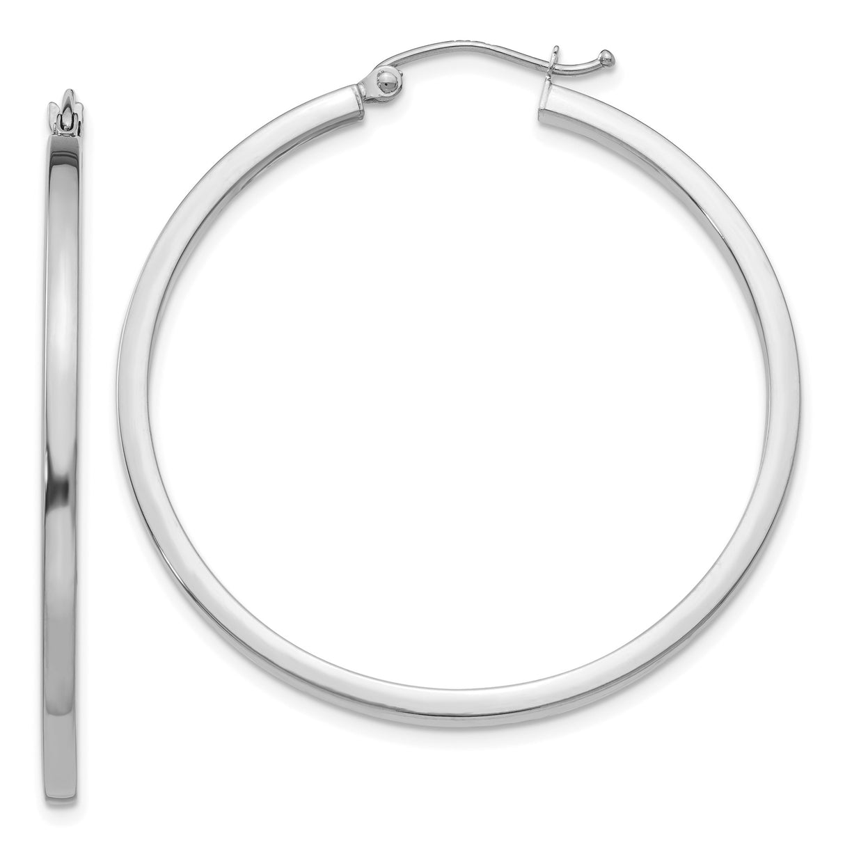 14k White Gold Hoop Earrings, Classic Round Polished Hoops with Hinged Closure