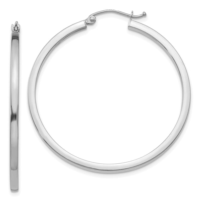 14k White Gold Hoop Earrings, Classic Round Polished Hoops with Hinged Closure