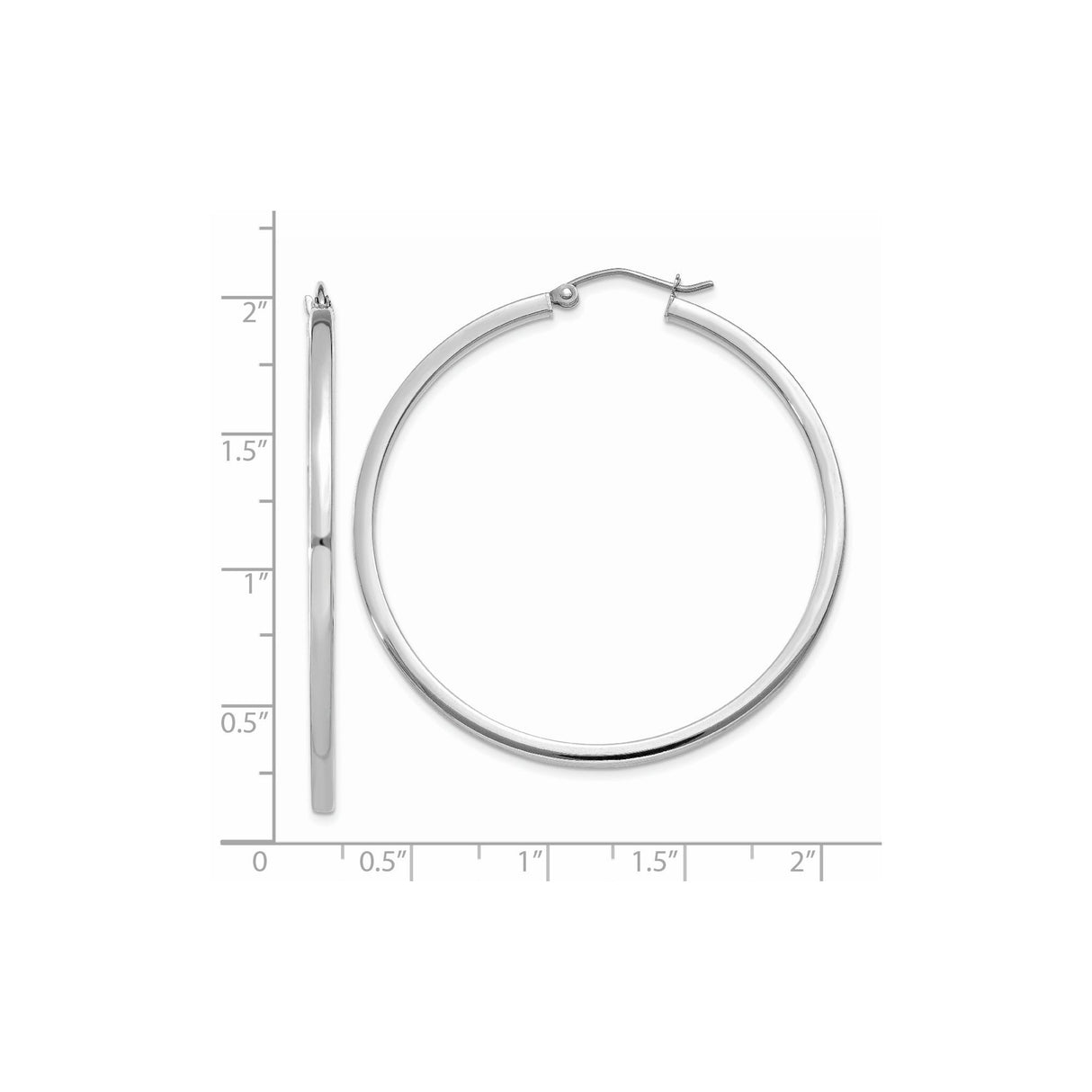 14k White Gold Hoop Earrings, Classic Polished Round Lightweight Design with Hinged Closure