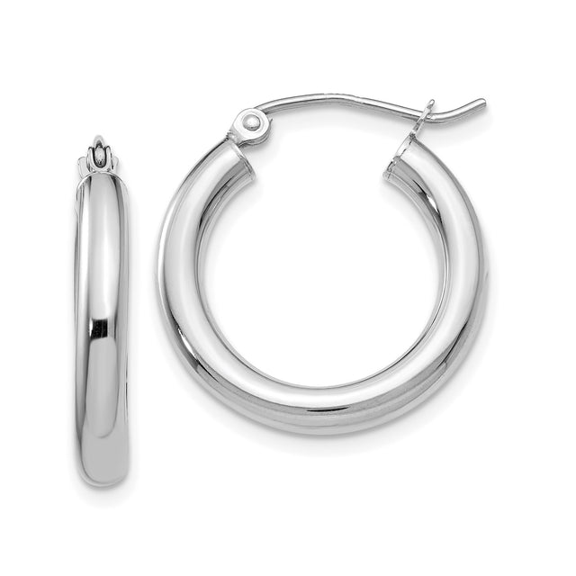14k White Gold Hoop Earrings, Classic Round Polished Hoops, Minimalist Modern Design for Women