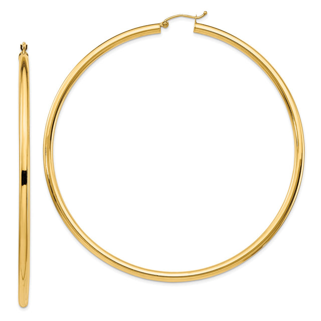 14k Yellow Gold Hoop Earrings, Large Smooth Polished Finish with Latch Back Closure