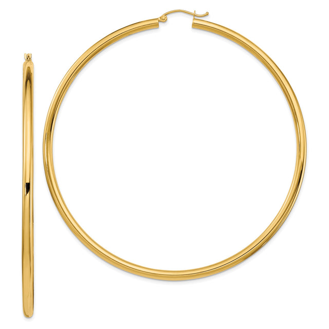 14k Yellow Gold Hoop Earrings, Large Round Polished Lightweight Style for Women