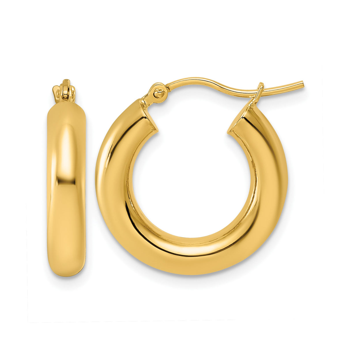 14k Yellow Gold Hoop Earrings, Medium Rounded Tube Design, Polished Finish, Lightweight Jewelry