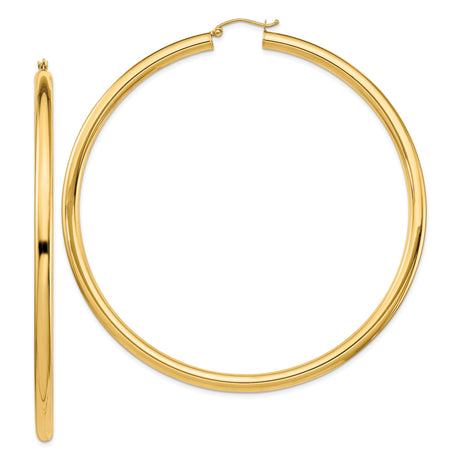14k Yellow Gold Hoop Earrings, Large Polished Round Hoops with Latch Back, Minimalist Style for Women