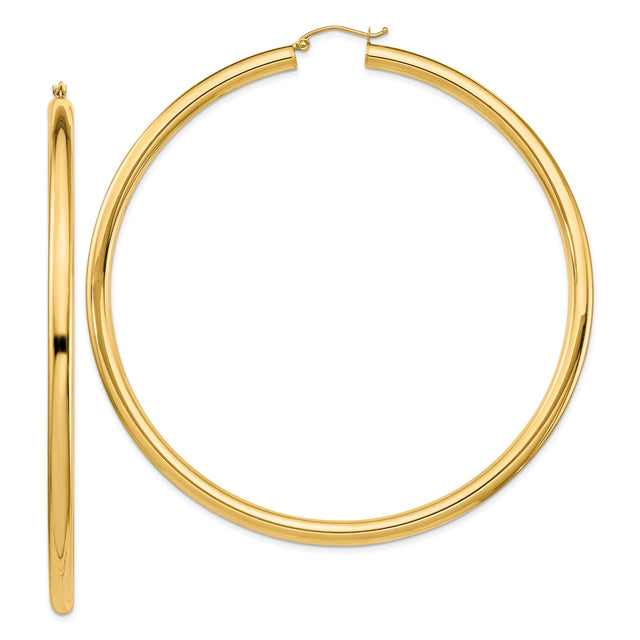 14k Yellow Gold Hoop Earrings, Large Polished Round Hoops with Latch Back, Minimalist Style for Women