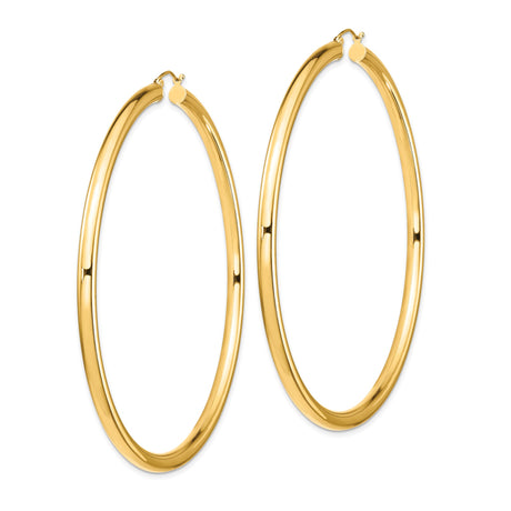14k Yellow Gold Hoop Earrings, Large Polished Round Design, Lightweight Minimalist Style