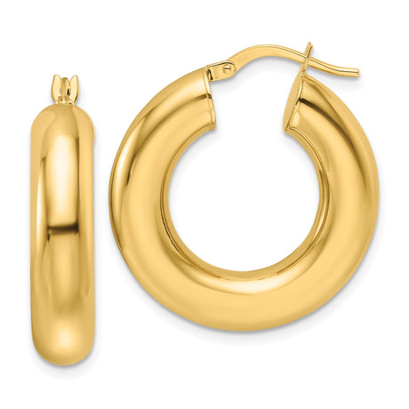 14k Yellow Gold Chunky Hoop Earrings, Smooth Polished Round Tube Design for Women
