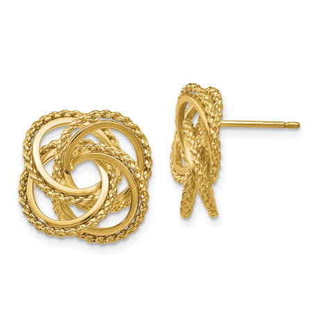 14k Yellow Gold Love Knot Stud Earrings, Textured and Polished Finish, Classic Design for Women