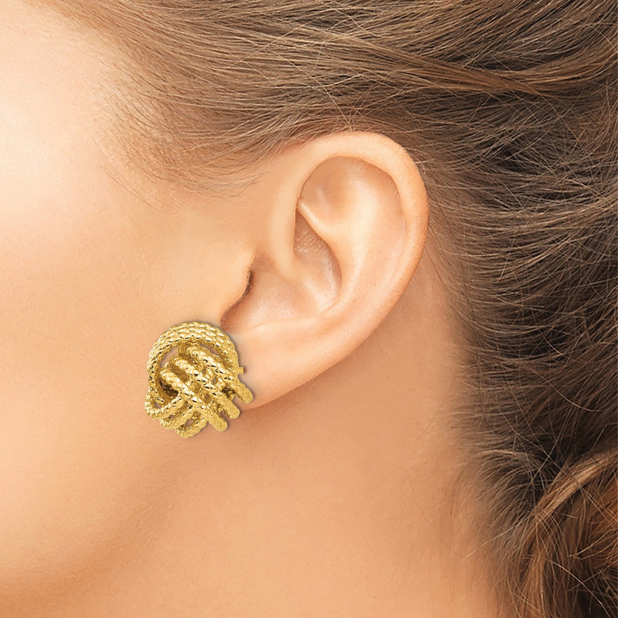 14k Yellow Gold Love Knot Stud Earrings with Textured Rope Twist Design