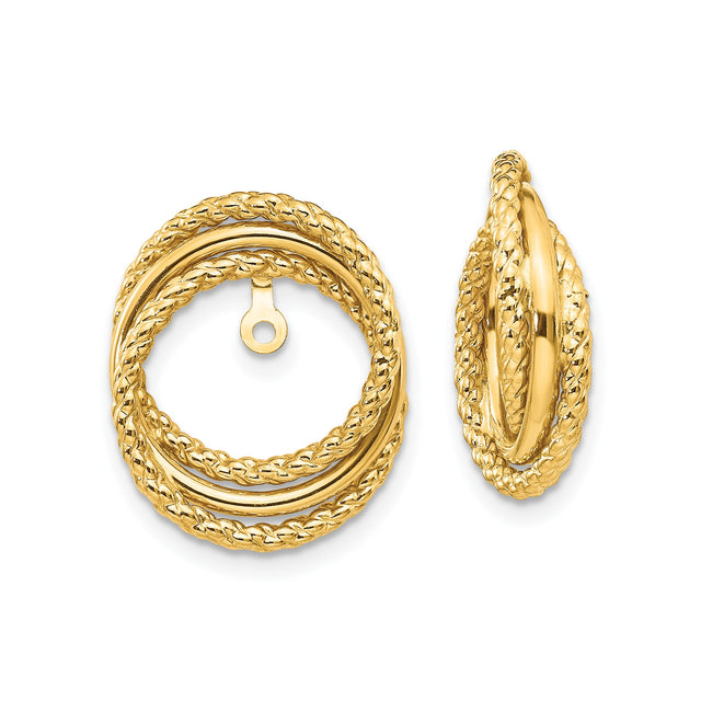 14k Yellow Gold Hoop Earrings with Interlocking Braided Circles, Polished and Textured Design