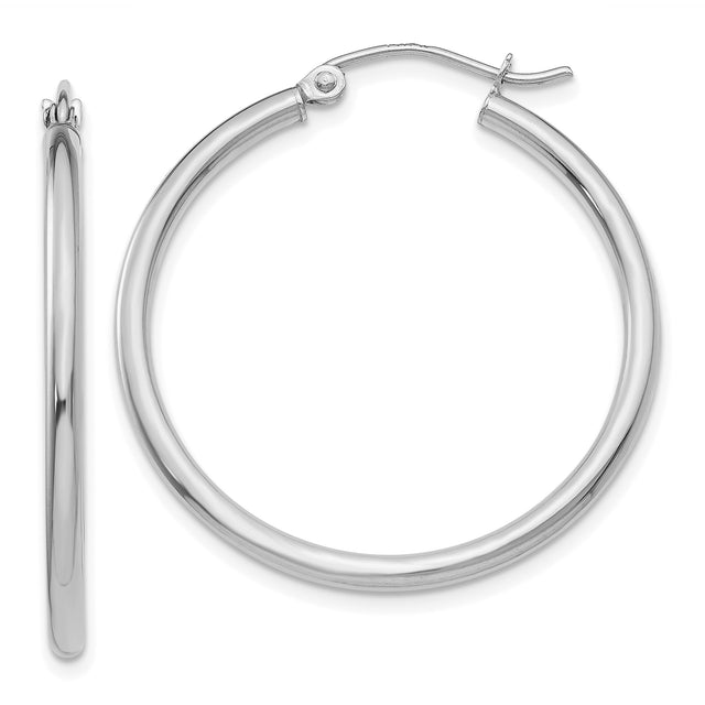 14k White Gold Hoop Earrings, Classic Round Polished Design, Lightweight Minimalist Style