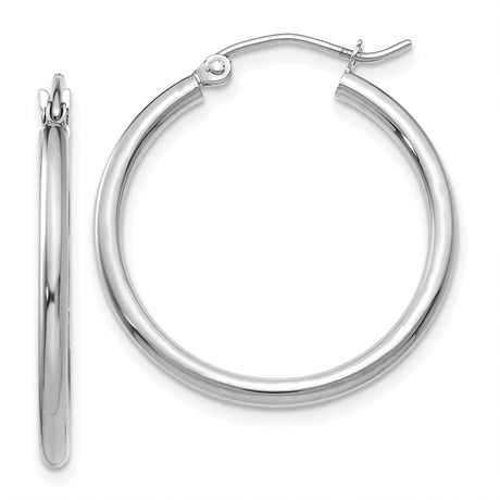 14k White Gold Hoop Earrings, Small Polished Round Hoops with Latch Back Closure