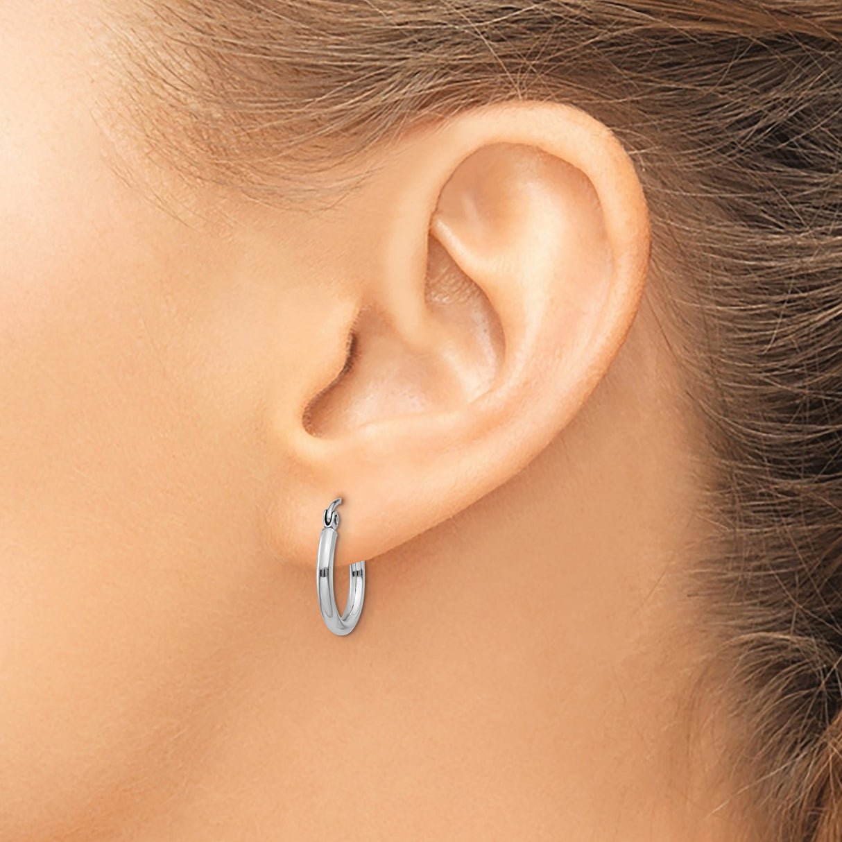 14k White Gold Hoop Earrings, Polished Tube Style with Snap Closure, Lightweight Round Design