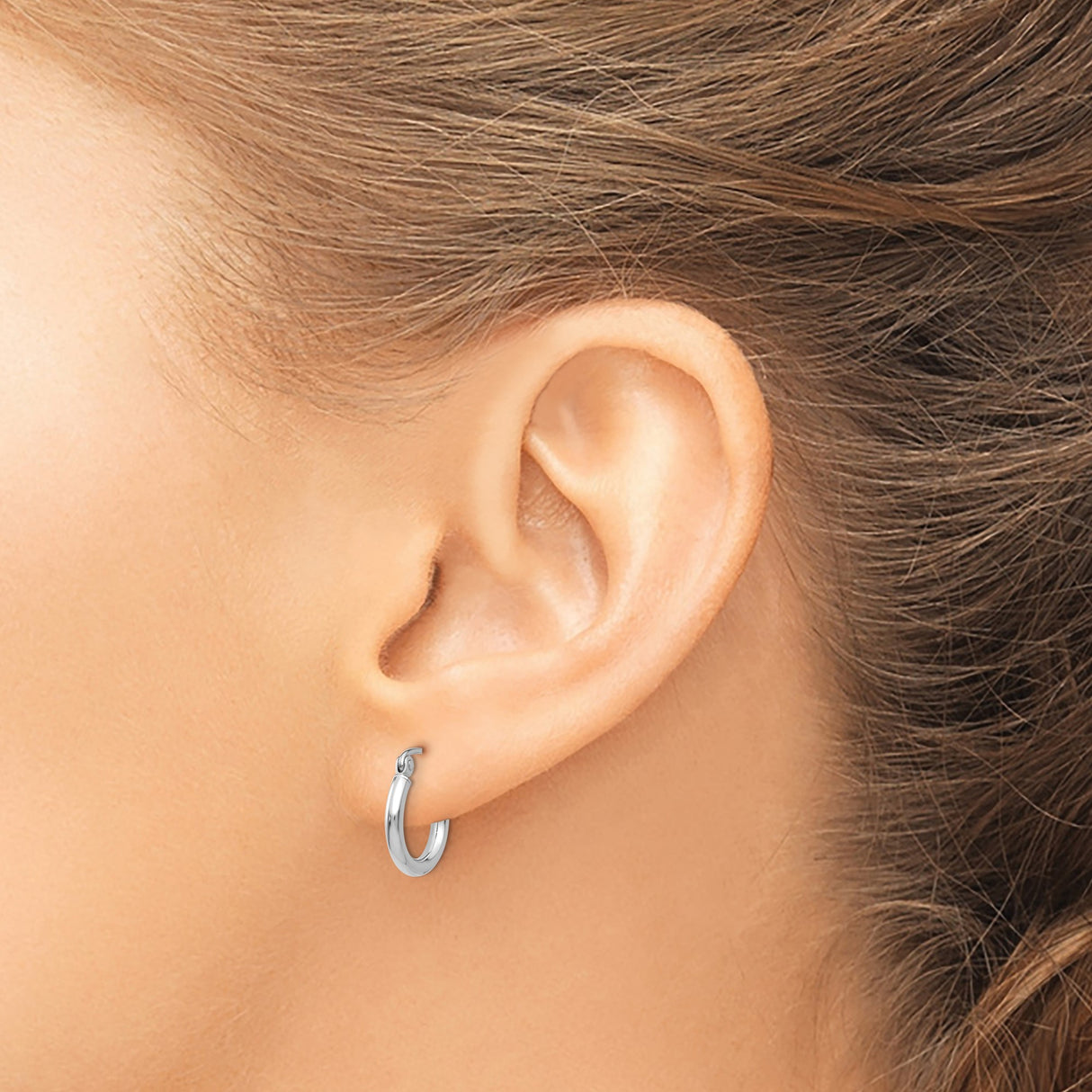 14k White Gold Hoop Earrings, Polished Finish, Classic Round Design, Latch-Back Closure