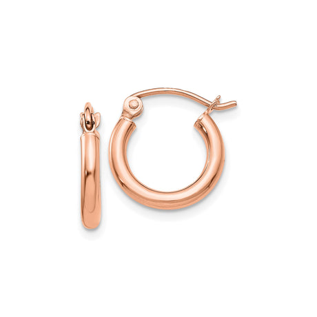 14k Rose Gold Hoop Earrings, Classic Round Polished Finish with Hinged Snap Closure
