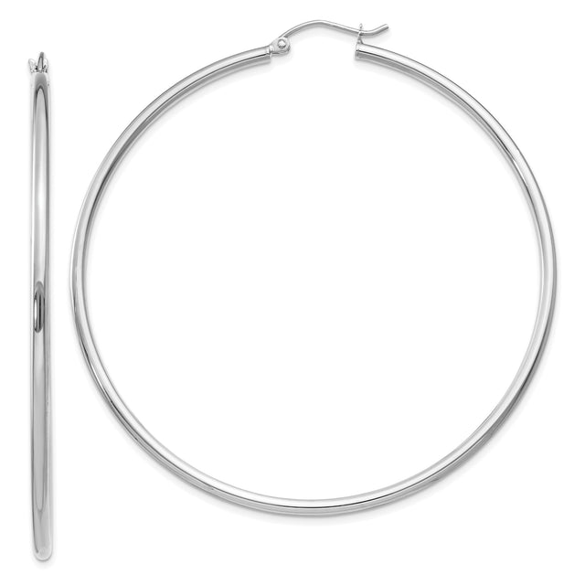 14k White Gold Hoop Earrings, Large Polished Round Hoops, Minimalist Lightweight Design for Women