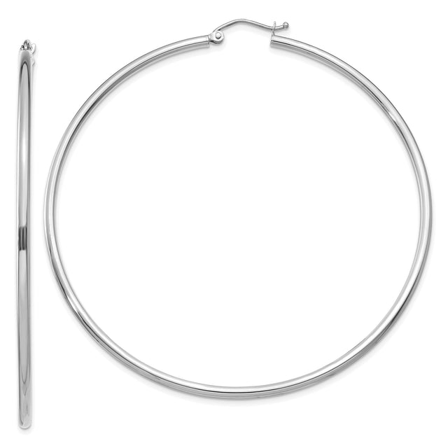 14k White Gold Hoop Earrings, Classic Round Polished Large Minimalist Design for Women