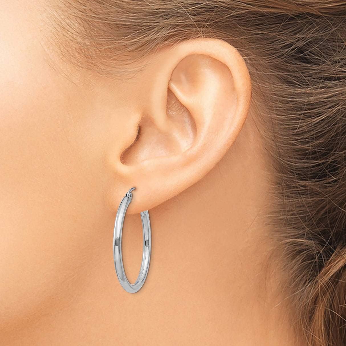 14k White Gold Hoop Earrings, Classic Polished Round Thin Hoops, Lightweight Minimalist Jewelry