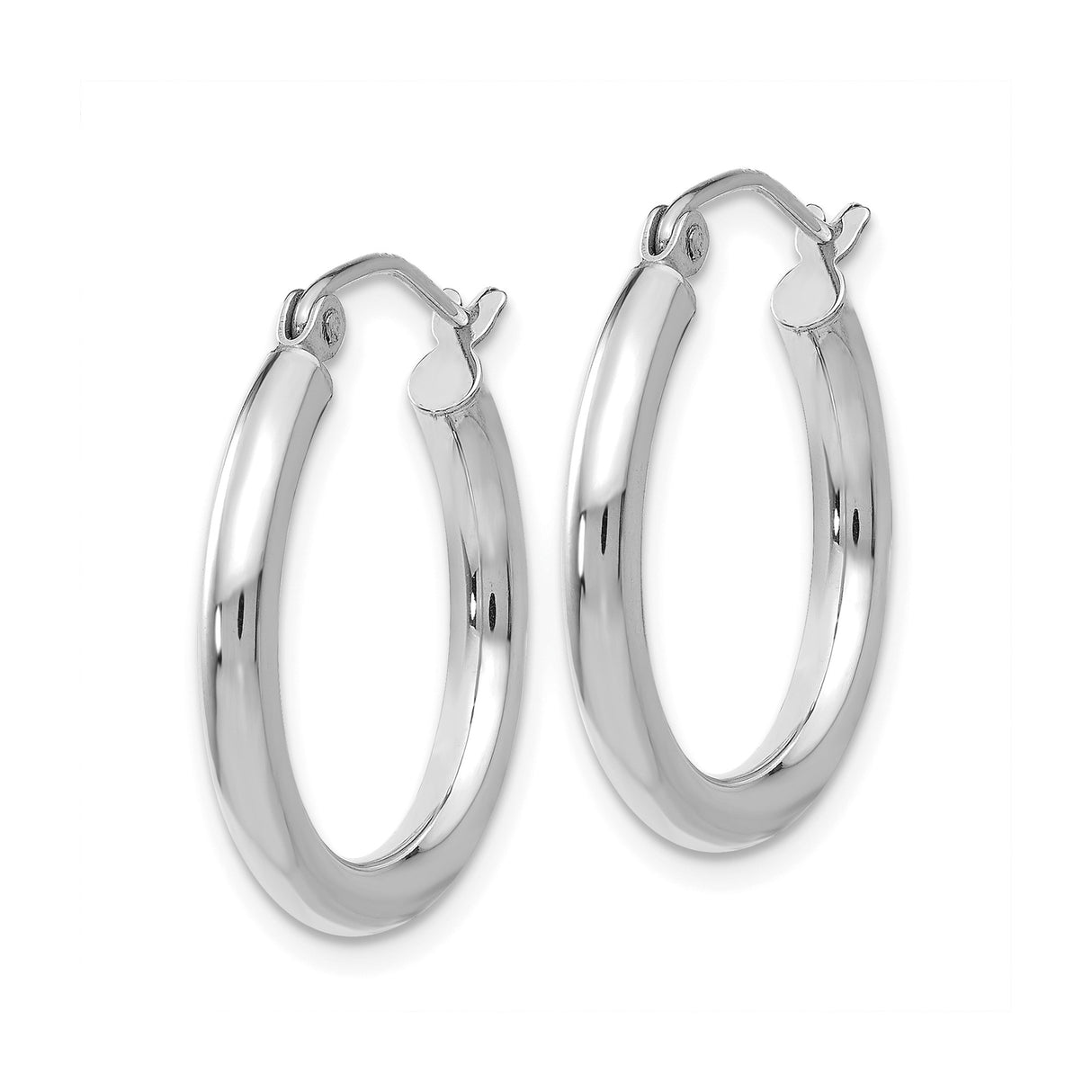 14k White Gold Hoop Earrings, Lightweight Polished Round Design, Hinged Closure