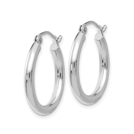 14k White Gold Hoop Earrings, Lightweight Polished Round Design, Hinged Closure