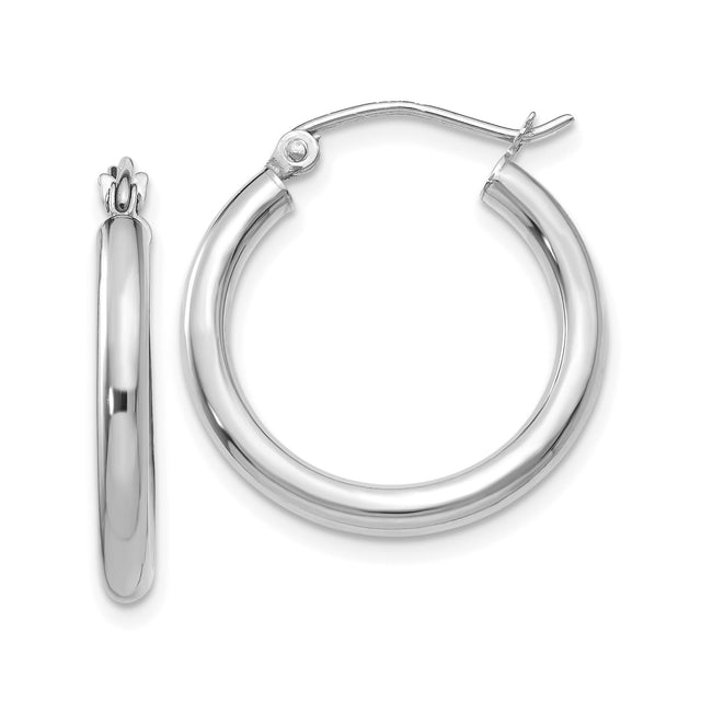 14k White Gold Hoop Earrings, Lightweight Polished Round Design, Hinged Closure