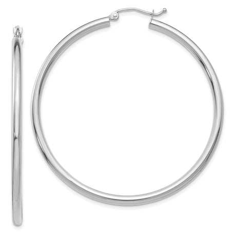 14k White Gold Hoop Earrings, Classic Polished Round Design, Lightweight Minimalist Style