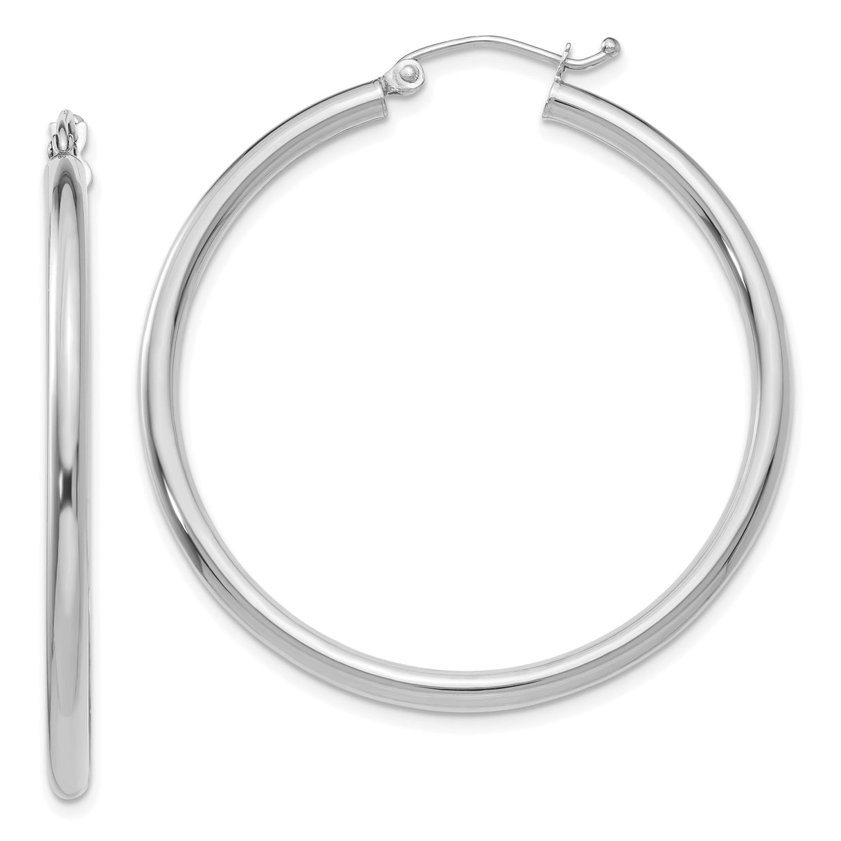 14k White Gold Hoop Earrings, Medium Round Polished Hoops with Latch Back Closure