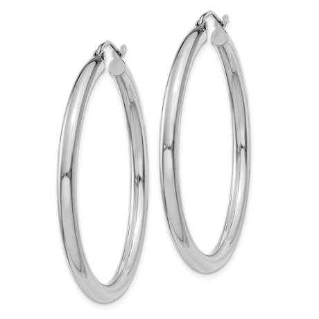 14k White Gold Hoop Earrings, Polished Lightweight Round Design with Hinge Closure