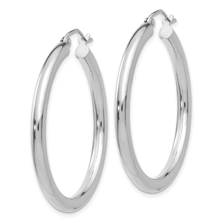 14k White Gold Hoop Earrings, Classic Round Lightweight Hinged Hoops, High Polish Minimalist Style
